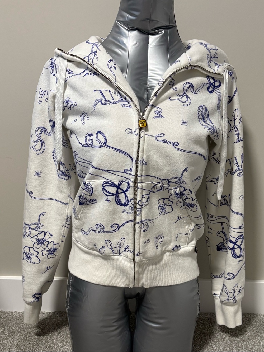 Aritzia White Zip Hoodie with bunnies and shoes TNA Navy Sketch Floral Print